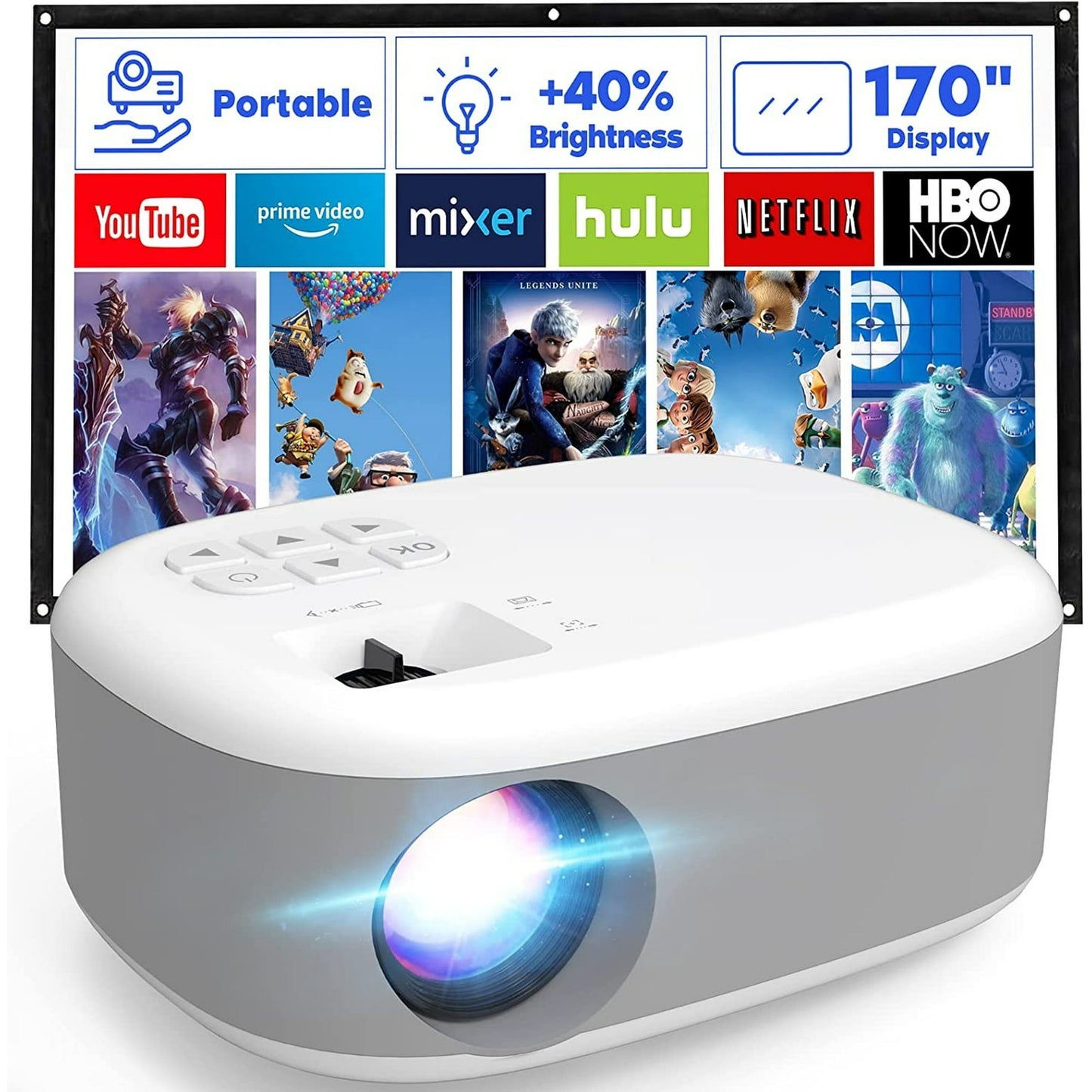 Mini Projector, Portable Projector for iPhone, 9000Lumens Full HD 1080P Supported Movie Projector, Portable Video Projector Compatible with TV Stick, Phone, HDMI, USB, TF