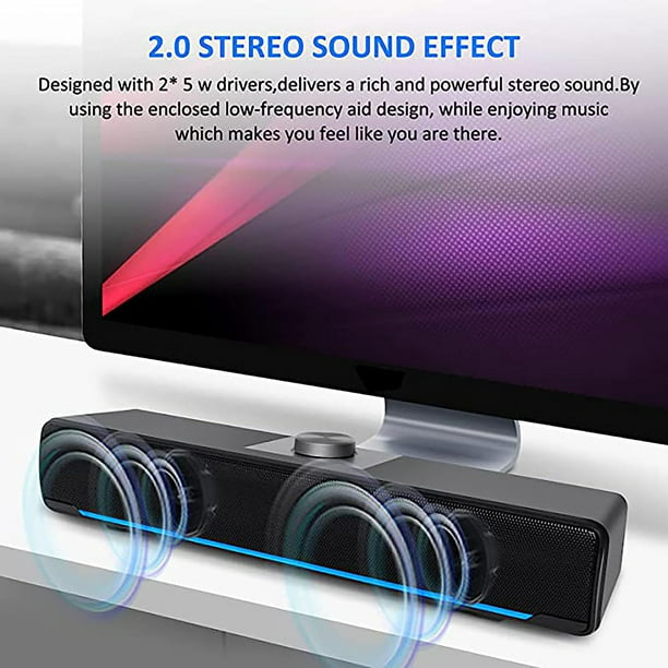 Computer Speakers, Phission 2.0 Stereo USB Powered Sound Bar Speakers with Blue LED Light and 3.5 mm Aux Connection for Computer Desktop Laptop PC Monitor