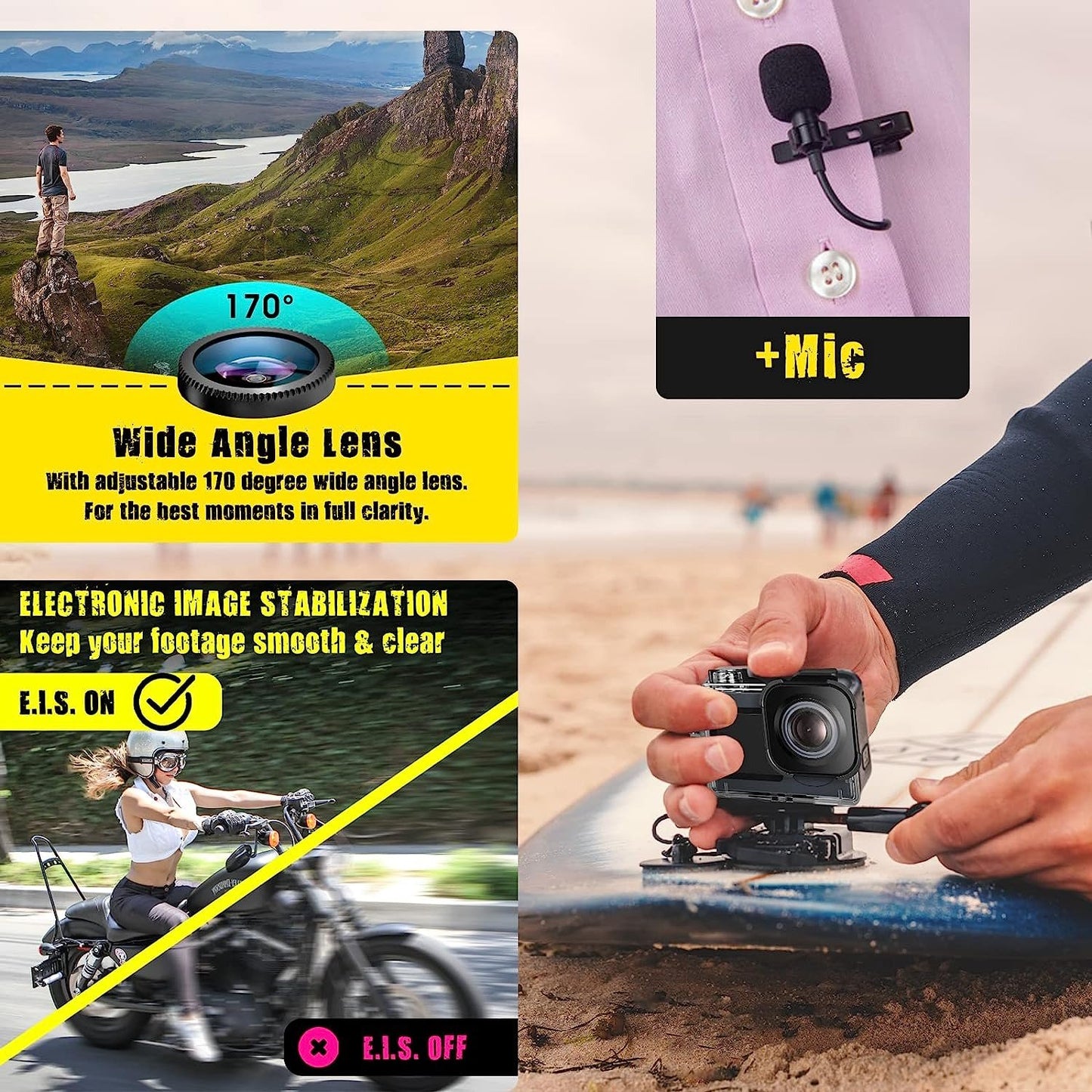 Occiam Action Camera 4K Underwater Camera External Microphone Waterproof 40M Ultra HD 20MP Camera 170 ° Ultra Wide Angle WiFi Camcorder