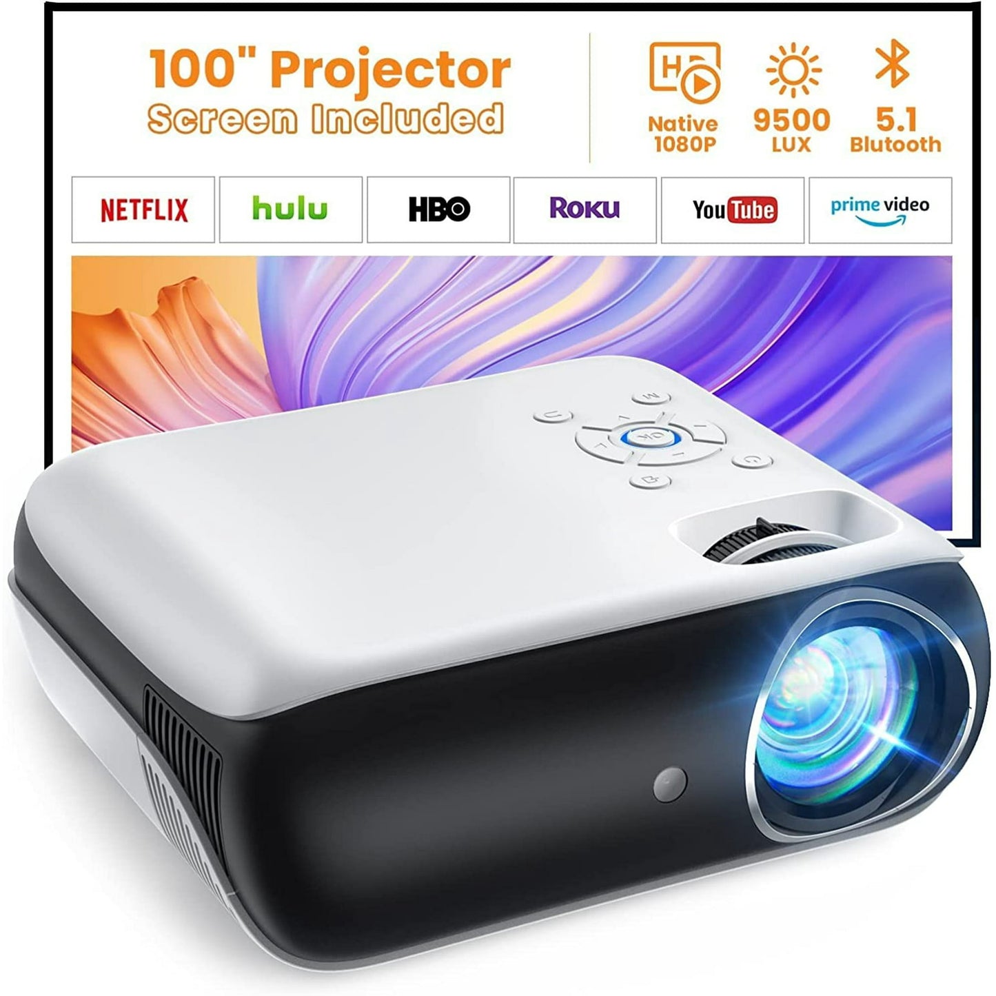 Occiam Projector, Native 1080P Bluetooth Projector with 100''Screen, 9500L Portable Outdoor Movie Projector Compatible with Smartphone, HDMI,USB,AV,Fire Stick, PS5
