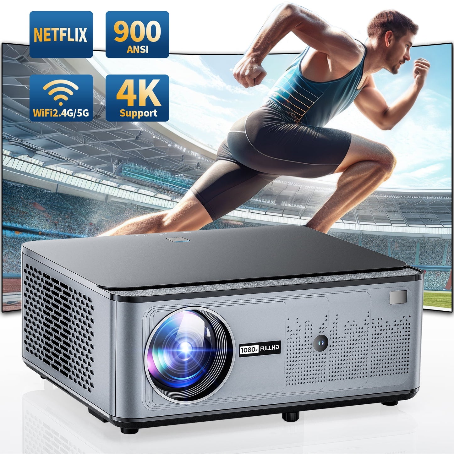 [900 ANSI/Auto Keystone] 4K Home Theater Projector with WiFi 6 and Bluetooth 5.2, Losei 300'' Movie Projector for Indoor/Outdoor, Smart Proyector Compatible with Phone/TV Stick/PC/PS5