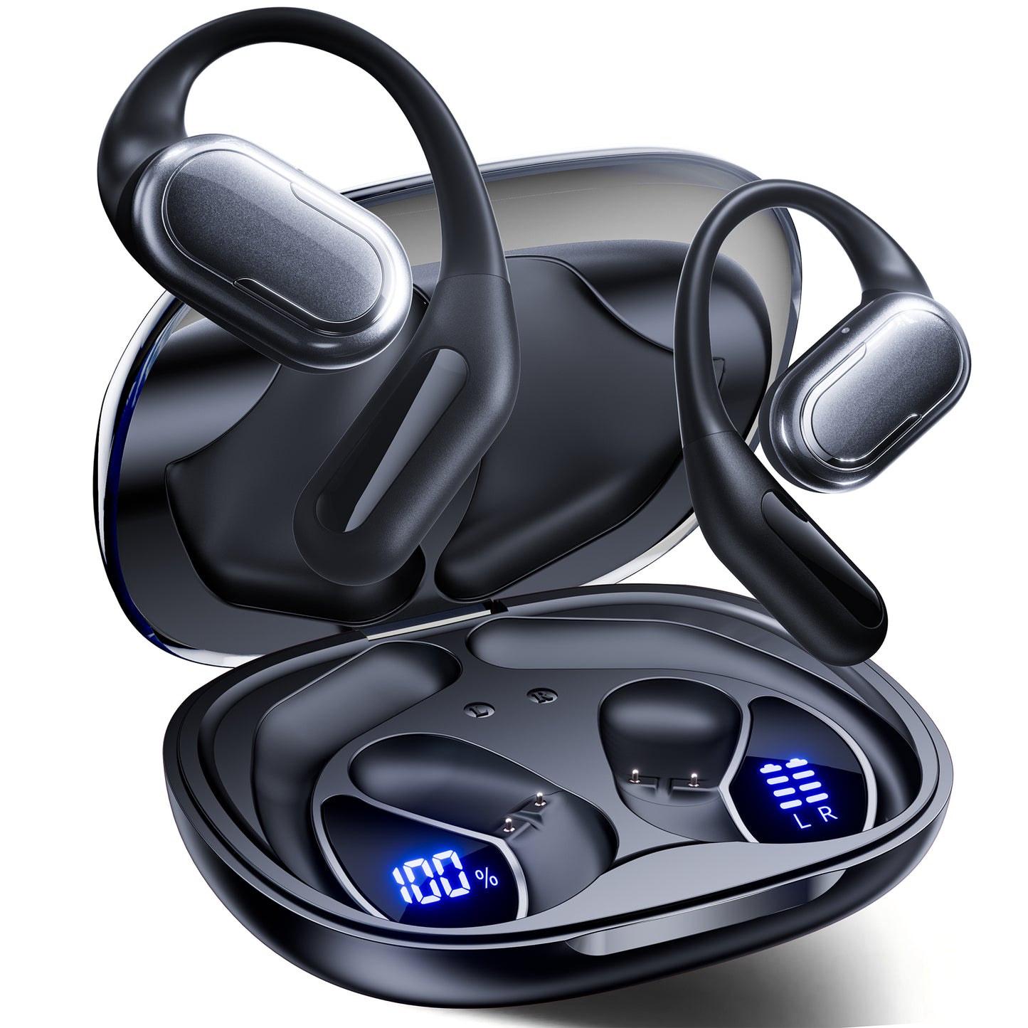 VEAT00L T5 Open Ear Headphones with Mic, Air Conduction Wireless Earbuds with LED Digital Display 40 Hrs Playtime,Clear Call ,Fast Charing,IPX7,Bluetooth 6.0 Open Ear Earbuds for Running, Workout