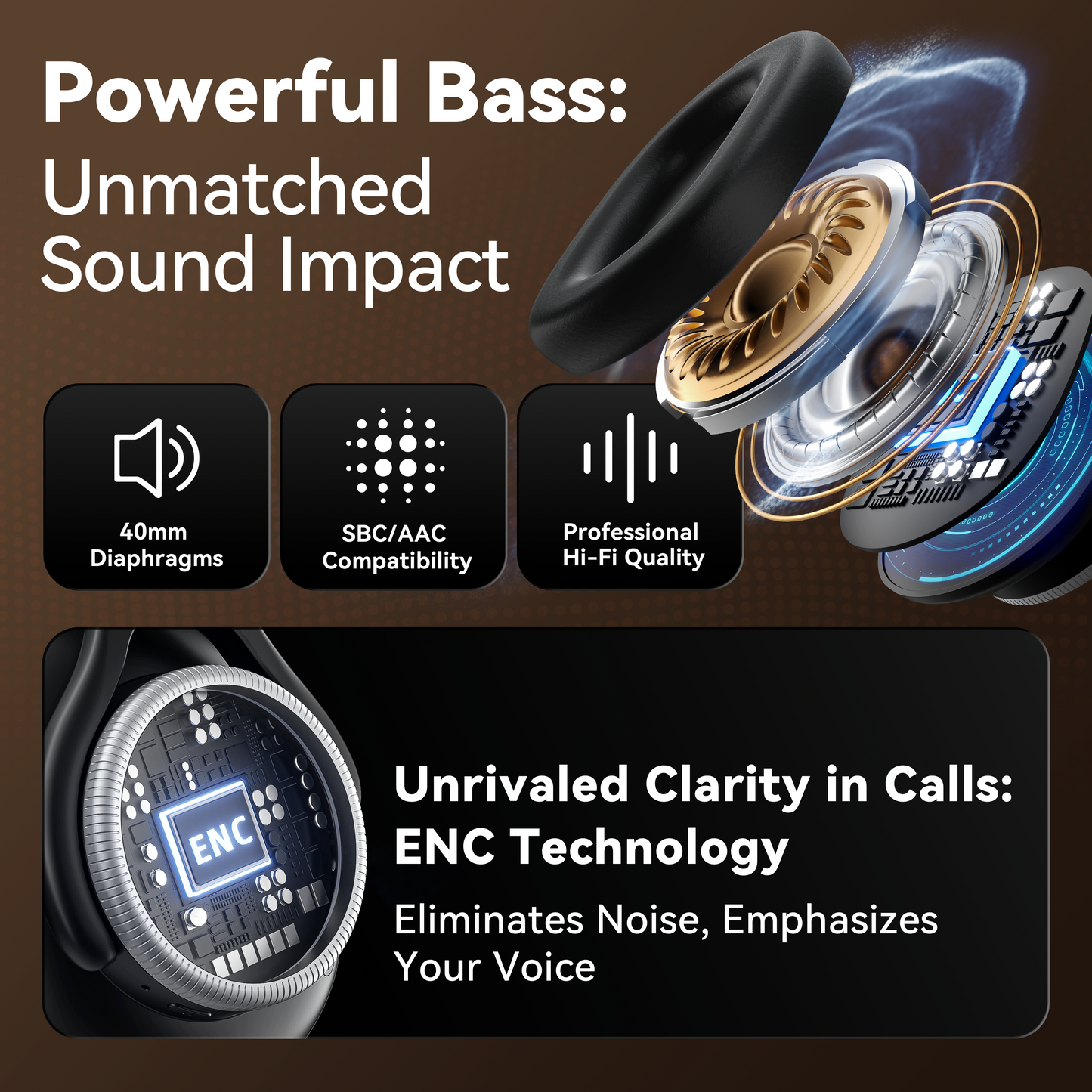 Hybrid Active Noise Cancelling Bluetooth 6.0 Headphones 120H Long Playtime, 6 ENC Mic, Over Ear Headphones Wireless, Hi-Res Audio, Memory Foam Earcup