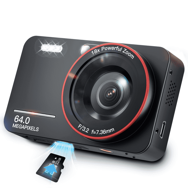 Losei 64MP 4K Digital Camera, 2.8" Screen 18X Digital Zoom Anti Shake Compact Retro Camera, Vlogging Camera for Kids Teens Seniors with 32GB Card（Black）
