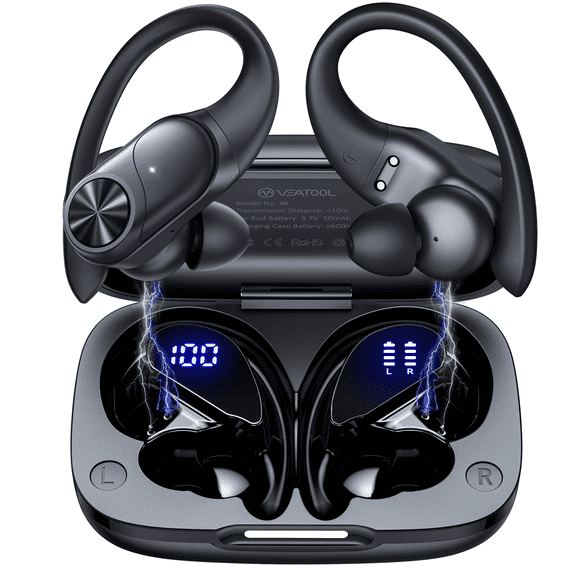 VEAT00L V6 Bluetooth Headphones Wireless Earbuds 88Hrs Playback Sport Ear Buds with Earhook Digital Display Charging Case IPX7 Waterproof Earbud Deep Bass Running Earphones for iOS Android Cellphone