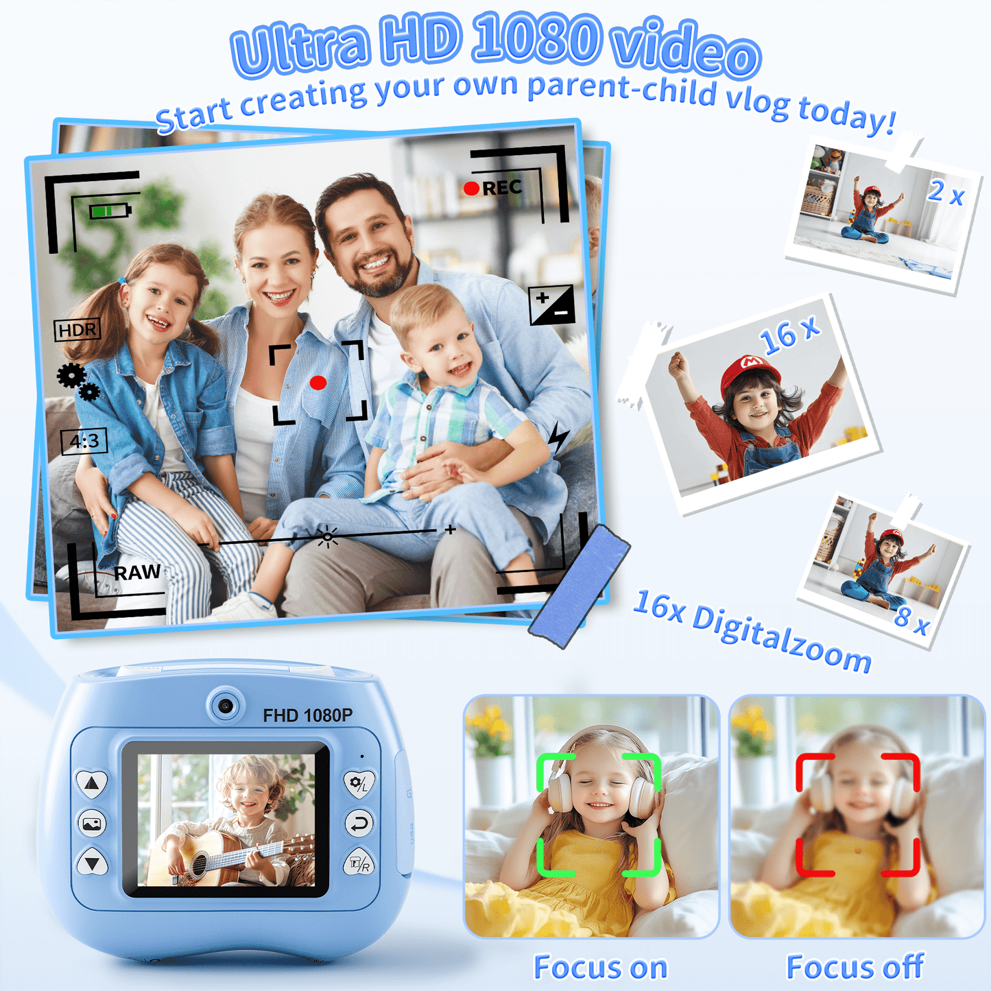 Losei Instant Camera, Front Rear Dual Selfie Kids Camera with 1080P HD Videos,2 Rolls Print Paper & 32G Card, Holiday Birthday Gifts for Kids Age 3-12（Blue）