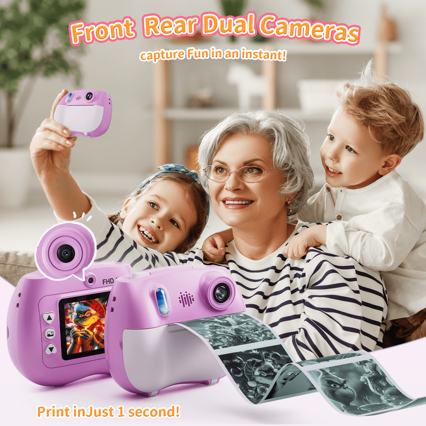 Losei Selfie Digital Camera for Kids with 1080P Video, Instant Print Camera with 2 Rolls Print Paper & 32G Card for DIY, Fun Gift for Girls Boys 3-12 Years Old (Pink)