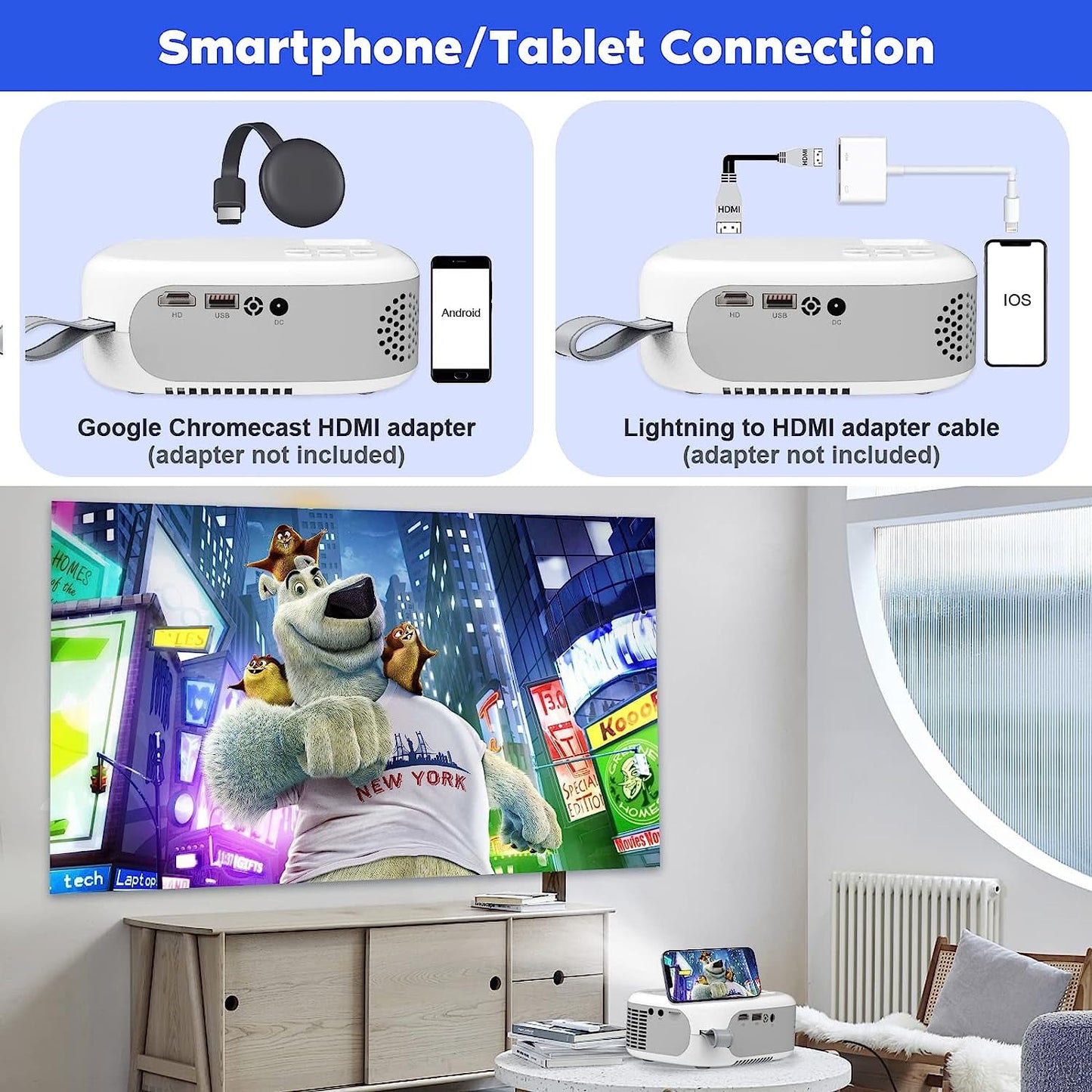 Mini Projector, Portable Projector for iPhone, 9000Lumens Full HD 1080P Supported Movie Projector, Portable Video Projector Compatible with TV Stick, Phone, HDMI, USB, TF