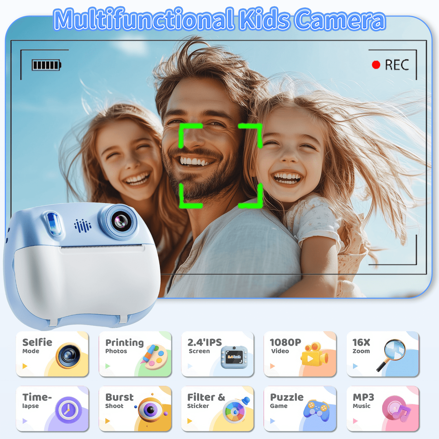 Losei Instant Camera, Front Rear Dual Selfie Kids Camera with 1080P HD Videos,2 Rolls Print Paper & 32G Card, Holiday Birthday Gifts for Kids Age 3-12（Blue）