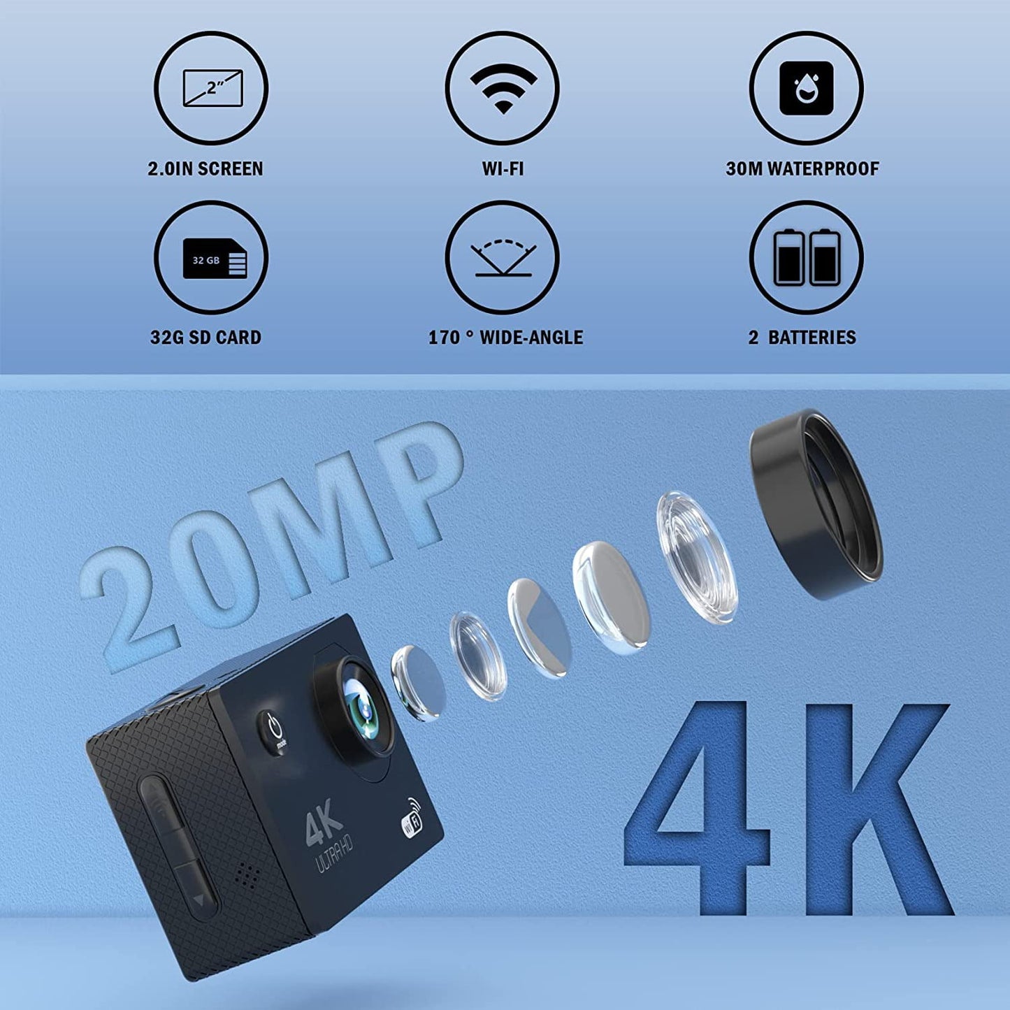 4K 30FPS Action Camera, Ultra HD Underwater Camera, 98FT 30M Waterproof Cameras, 170 Degree Wide Angle and Remote Control Sports Cameras with 32G SD Card & 2 Batteries & Helmet Accessories Kit