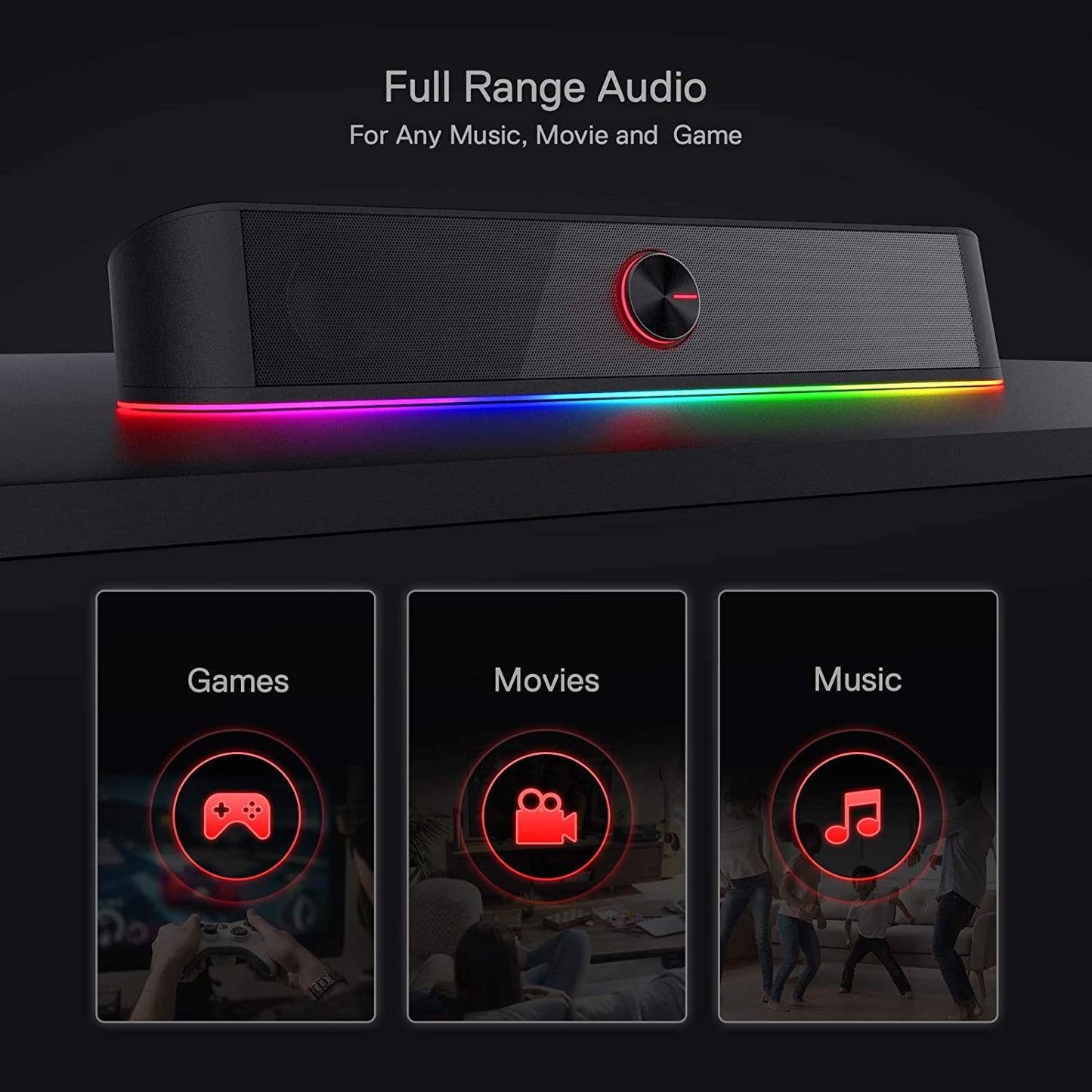 Occiam GS560 RGB Desktop Soundbar, 2.0 Channel Computer Speaker with Dynamic Lighting Bar Audio-Light Sync/Display, Touch-Control Backlit with Volume Knob, USB Powered w/ 3.5mm Cable