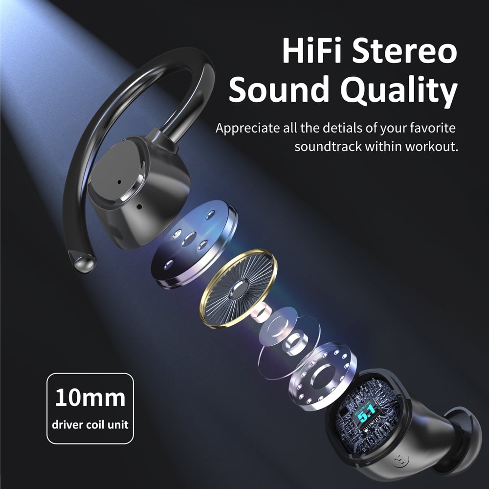 Wireless Earbuds Bluetooth Headphones 48hrs Play Back Sport Earphones with LED Display Over-Ear Buds with Earhooks Built-in Mic Headset for Workout