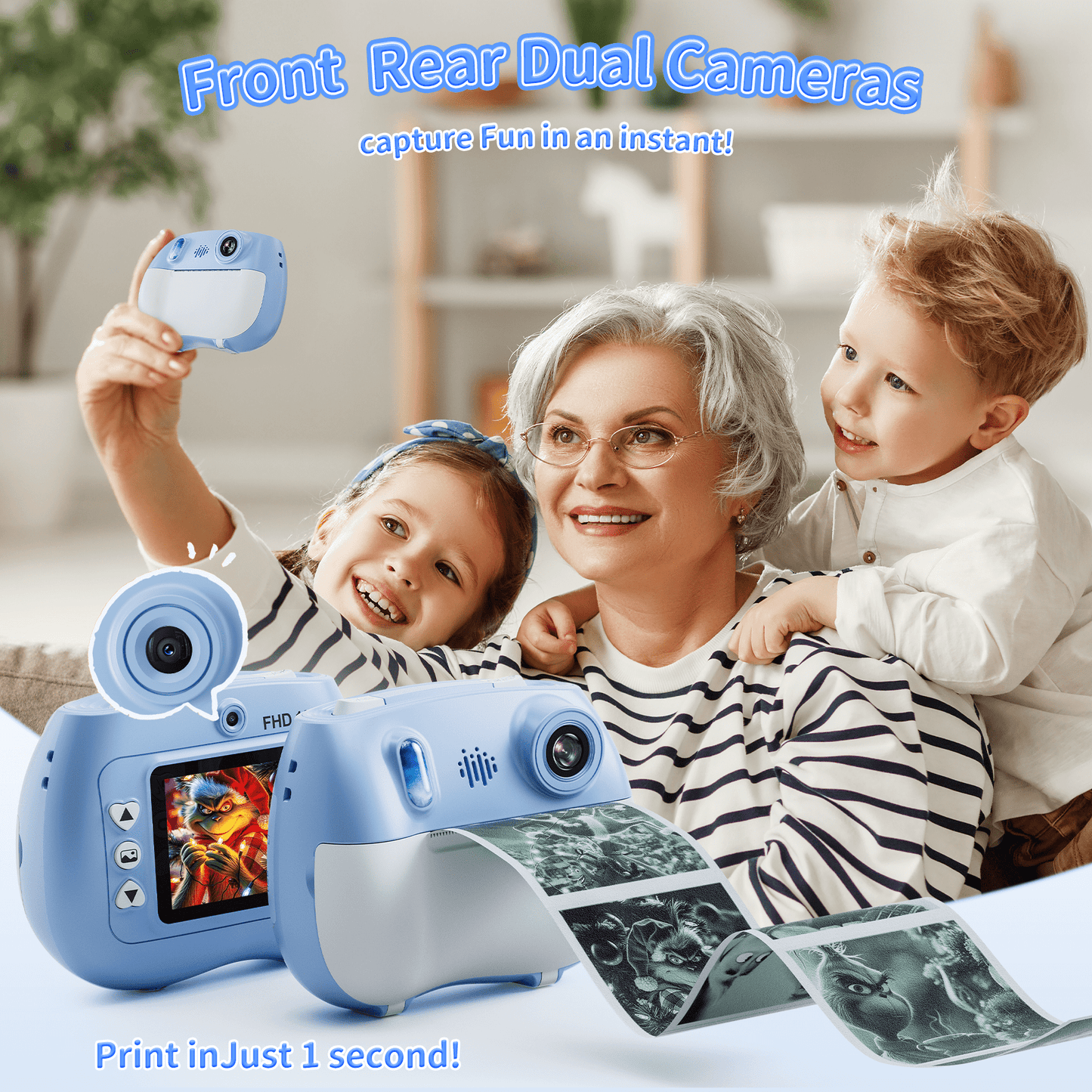 Losei Instant Camera, Front Rear Dual Selfie Kids Camera with 1080P HD Videos,2 Rolls Print Paper & 32G Card, Holiday Birthday Gifts for Kids Age 3-12（Blue）