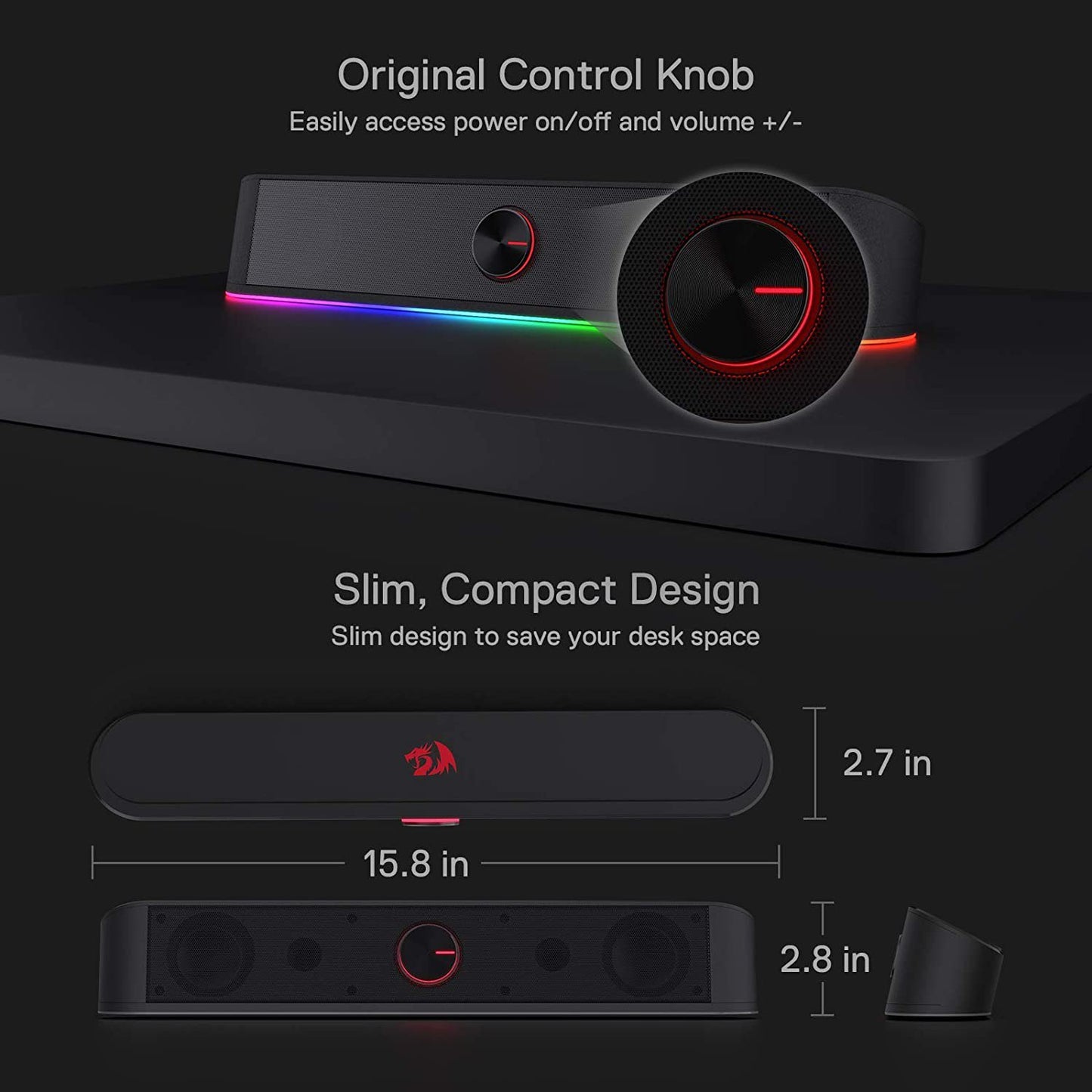 Occiam GS560 RGB Desktop Soundbar, 2.0 Channel Computer Speaker with Dynamic Lighting Bar Audio-Light Sync/Display, Touch-Control Backlit with Volume Knob, USB Powered w/ 3.5mm Cable