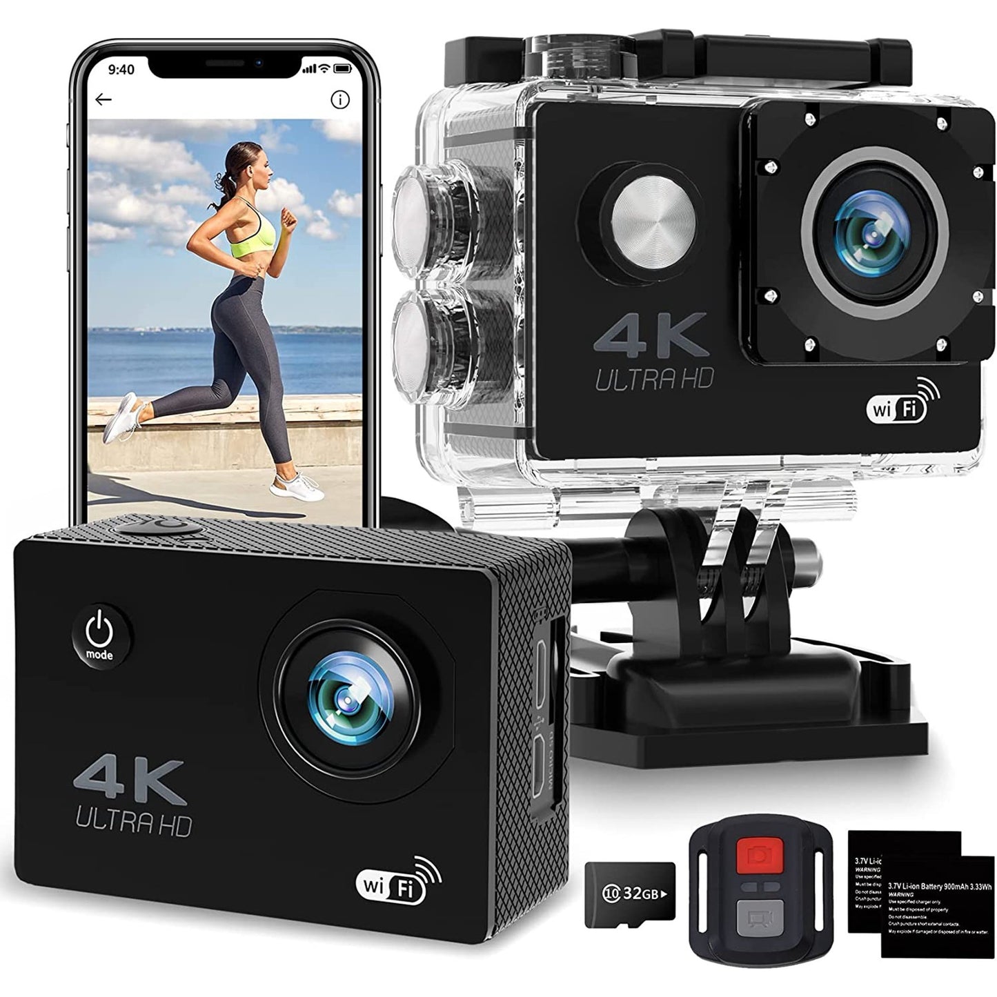 4K 30FPS Action Camera, Ultra HD Underwater Camera, 98FT 30M Waterproof Cameras, 170 Degree Wide Angle and Remote Control Sports Cameras with 32G SD Card & 2 Batteries & Helmet Accessories Kit