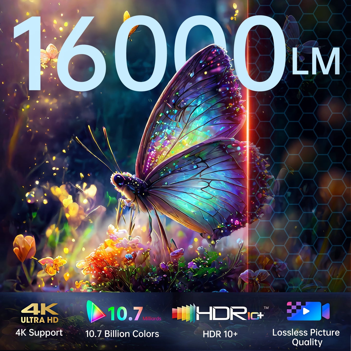 4K Projector with WiFi and Bluetooth, 3D Stereo Sound & Auto Keystone Video Projector, 600 ANSI Outdoor Movie Projector, 50% Zoom, MAX 220''Display