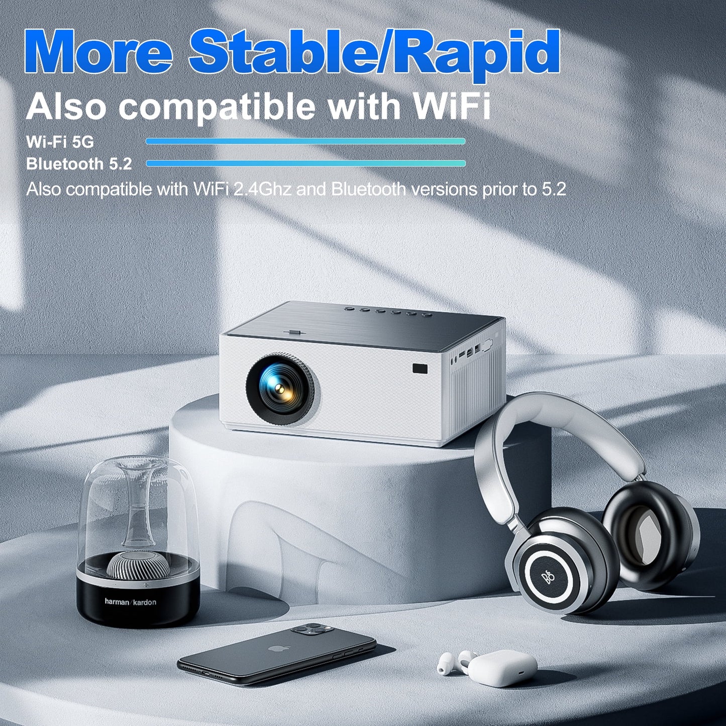 Losei 5G/2.4G WiFi Bluetooth Projector, 16000Lux 4K Support Movie Projector with HiFi Speaker 4P Keystone Correction 300"Display Compatible with TV Stick,Phone,HDMI/USB/TF/AV/AUX