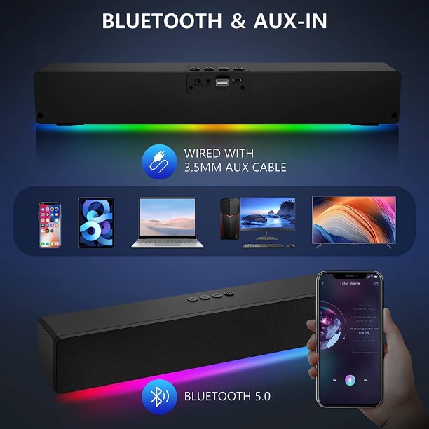 Computer Speaker Sound Bar - Wired & Wireless Bluetooth 5.0 Surround Bass Audio, Black Smart Home Speakers with AUX TFcard Connection - Best Theater Loud Speaker for Desktop TV Room ＆ PC