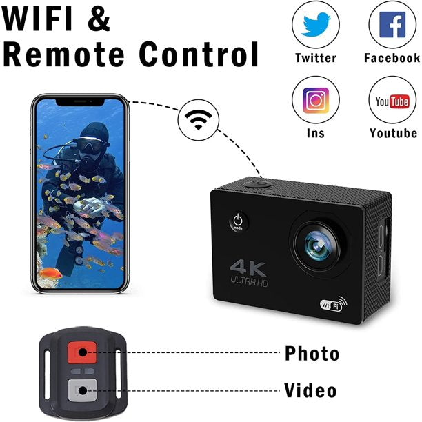 4K 30FPS Action Camera, Ultra HD Underwater Camera, 98FT 30M Waterproof Cameras, 170 Degree Wide Angle and Remote Control Sports Cameras with 32G SD Card & 2 Batteries & Helmet Accessories Kit
