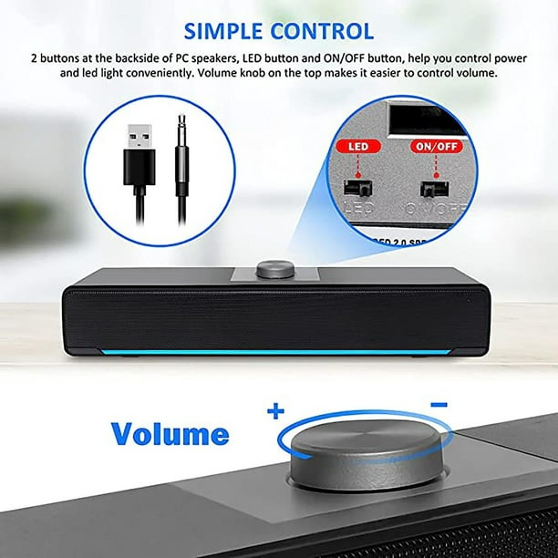 Computer Speakers, Phission 2.0 Stereo USB Powered Sound Bar Speakers with Blue LED Light and 3.5 mm Aux Connection for Computer Desktop Laptop PC Monitor