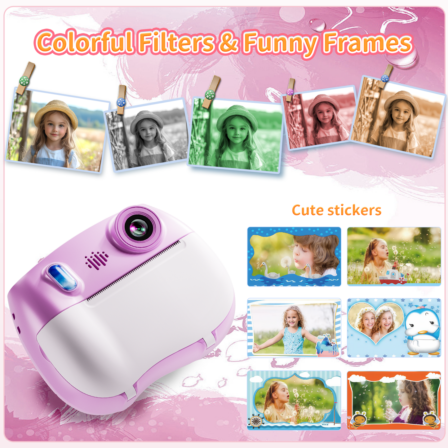 Losei Selfie Digital Camera for Kids with 1080P Video, Instant Print Camera with 2 Rolls Print Paper & 32G Card for DIY, Fun Gift for Girls Boys 3-12 Years Old (Pink)