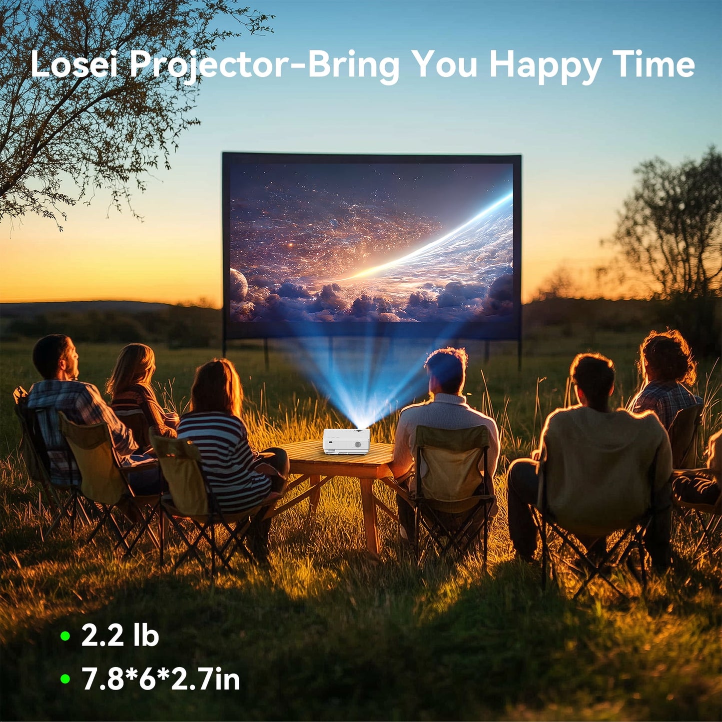 Losei M6 Portable Movie Projector for Home Theater/Outdoor, 1080P Supported Projector with 200'' Display, Compatible with HDMI/USB/AV/Smartphone/TV Box/Laptop