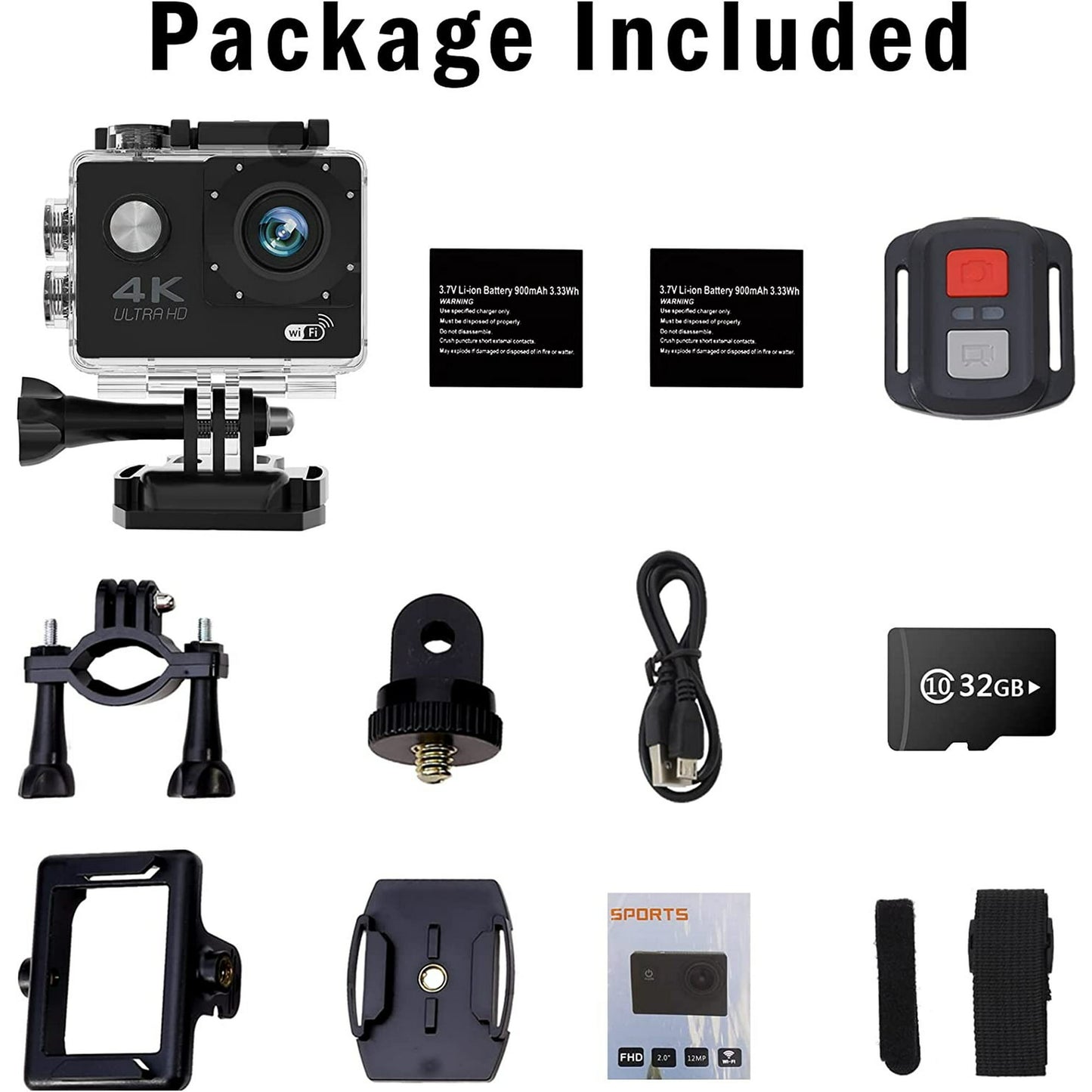 4K 30FPS Action Camera, Ultra HD Underwater Camera, 98FT 30M Waterproof Cameras, 170 Degree Wide Angle and Remote Control Sports Cameras with 32G SD Card & 2 Batteries & Helmet Accessories Kit